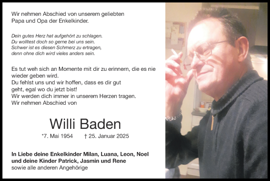 Traueranzeige von Willi Baden von Zeitung am Sonntag
