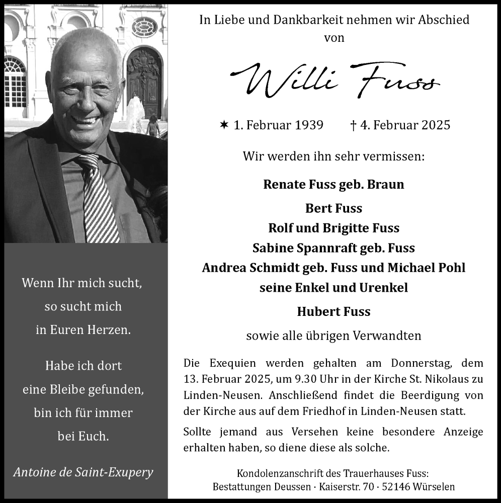  Traueranzeige für Willi Fuss vom 09.02.2025 aus Zeitung am Sonntag