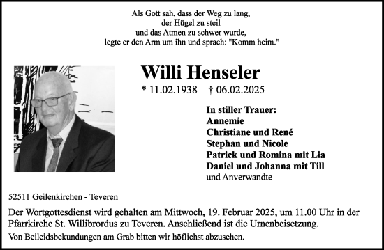 Traueranzeige von Willi Henseler von Aachener Zeitung
