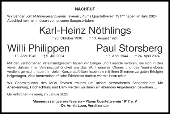 Traueranzeige von Willi Philippen von Zeitung am Sonntag