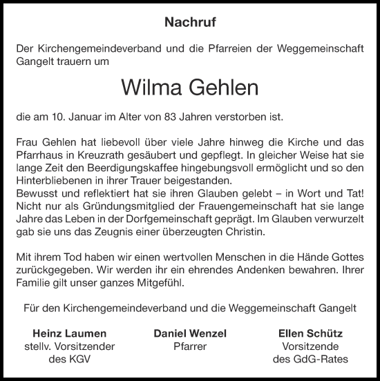 Traueranzeige von Wilma Gehlen von Zeitung am Sonntag