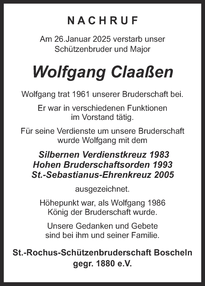  Traueranzeige für Wolfgang Claaßen vom 23.02.2025 aus Zeitung am Sonntag
