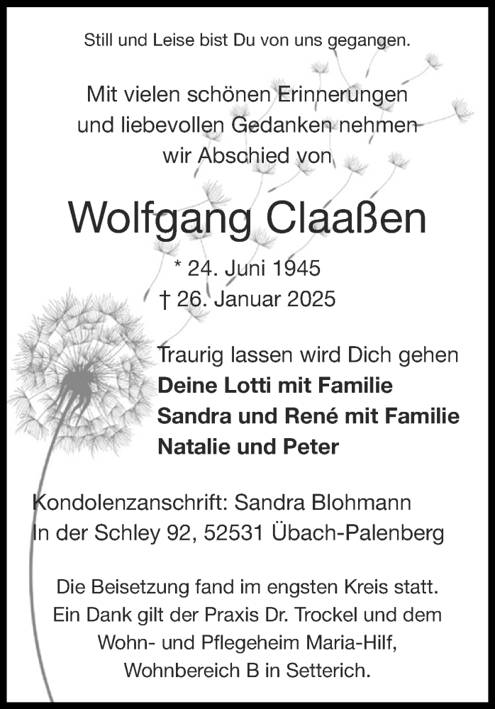  Traueranzeige für Wolfgang Claaßen vom 16.02.2025 aus Zeitung am Sonntag