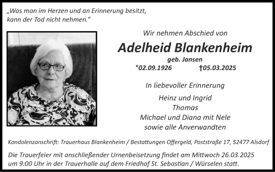 Traueranzeige von Adelheid Blankenheim von Zeitung am Sonntag