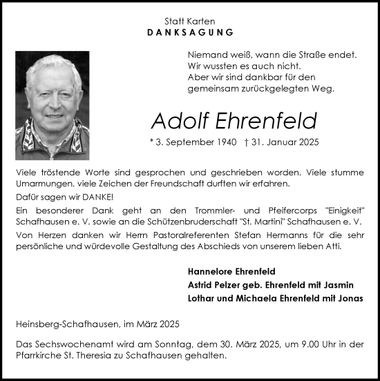 Traueranzeige von Adolf Ehrenfeld von Zeitung am Sonntag