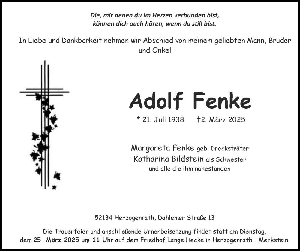  Traueranzeige für Adolf Fenke vom 16.03.2025 aus Zeitung am Sonntag
