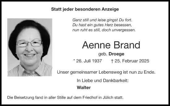 Traueranzeige von Aenne Brand von Zeitung am Sonntag