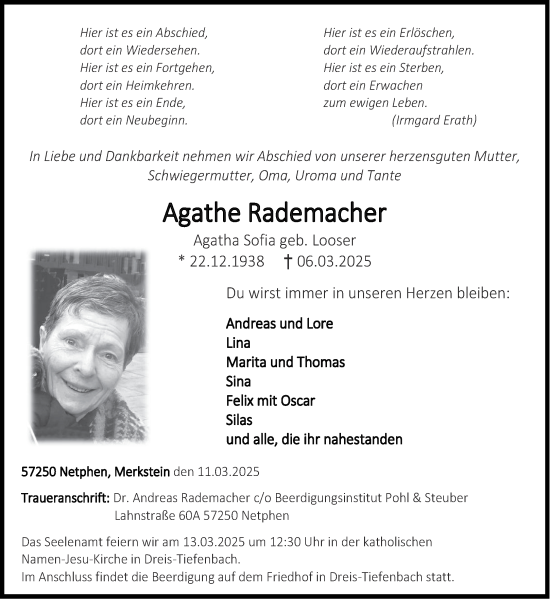 Traueranzeige von Agathe Rademacher von Aachener Zeitung
