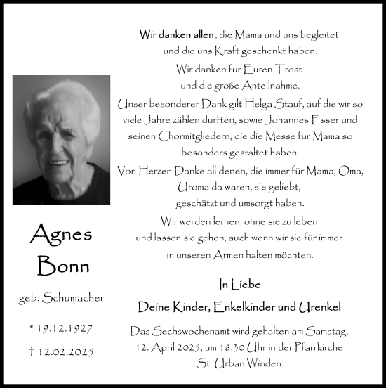 Traueranzeige von Agnes Bonn von Zeitung am Sonntag