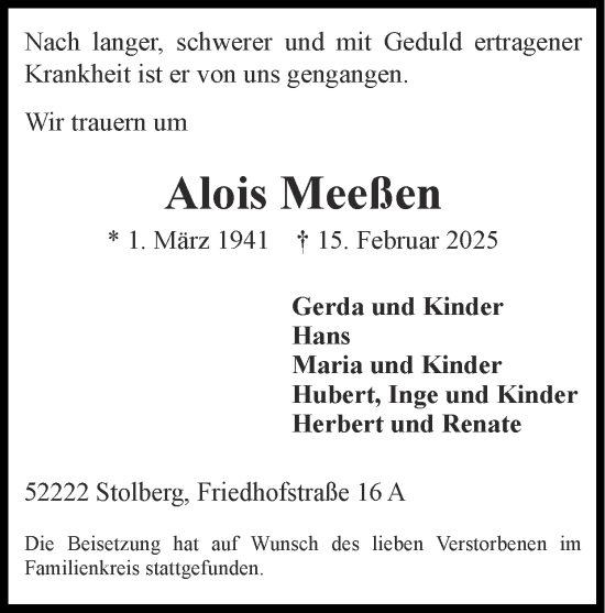 Traueranzeige von Alois Meßen von Zeitung am Sonntag