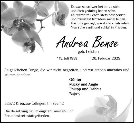 Traueranzeige von Andrea Bense von Zeitung am Sonntag