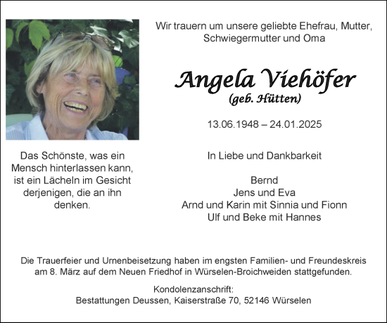 Traueranzeige von Angela Viehöfer von Zeitung am Sonntag
