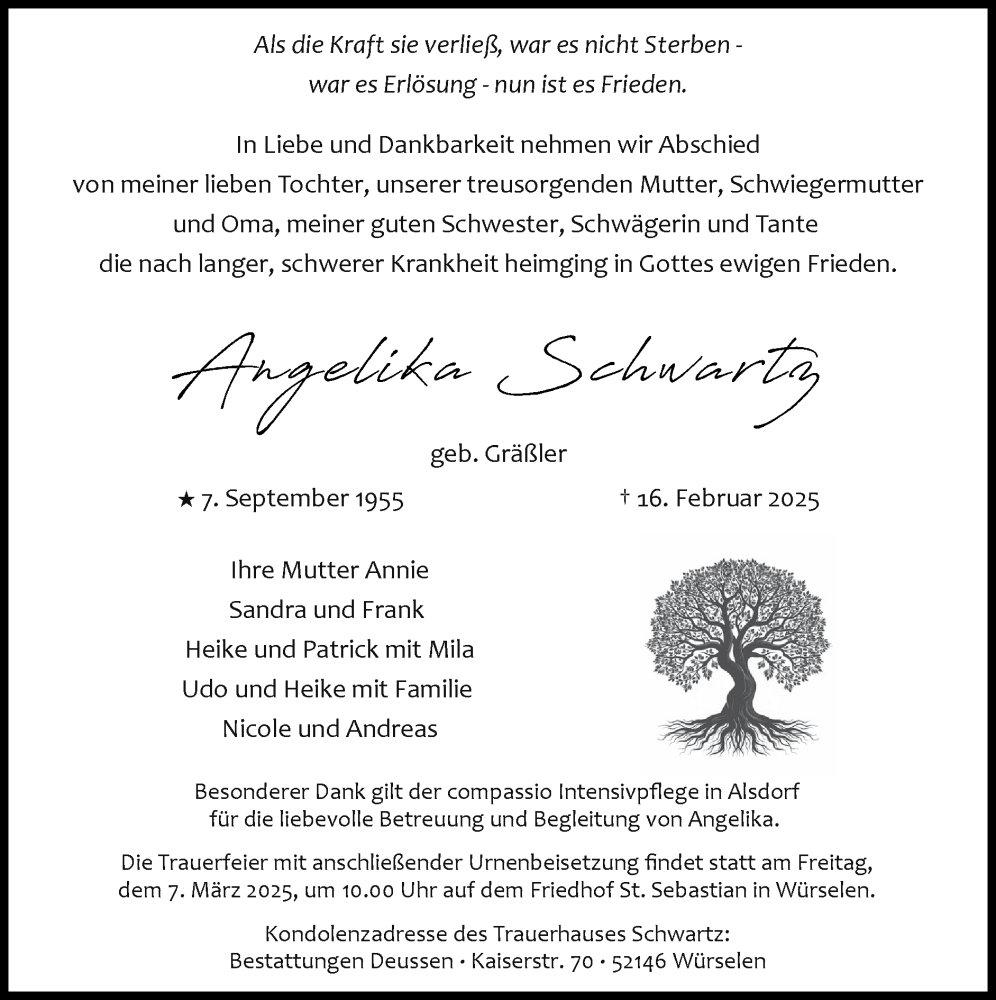  Traueranzeige für Angelika Schwartz vom 02.03.2025 aus Zeitung am Sonntag