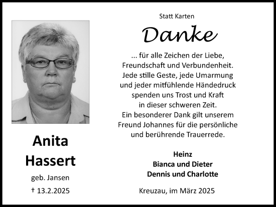 Traueranzeige von Anita Hassert von Zeitung am Sonntag