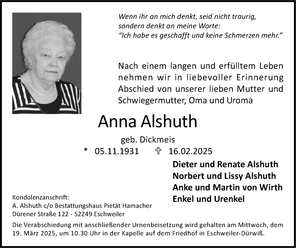  Traueranzeige für Anna Alshuth vom 09.03.2025 aus Zeitung am Sonntag