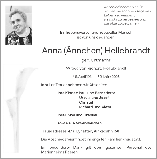 Traueranzeige von Anna Hellebrandt von Zeitung am Sonntag