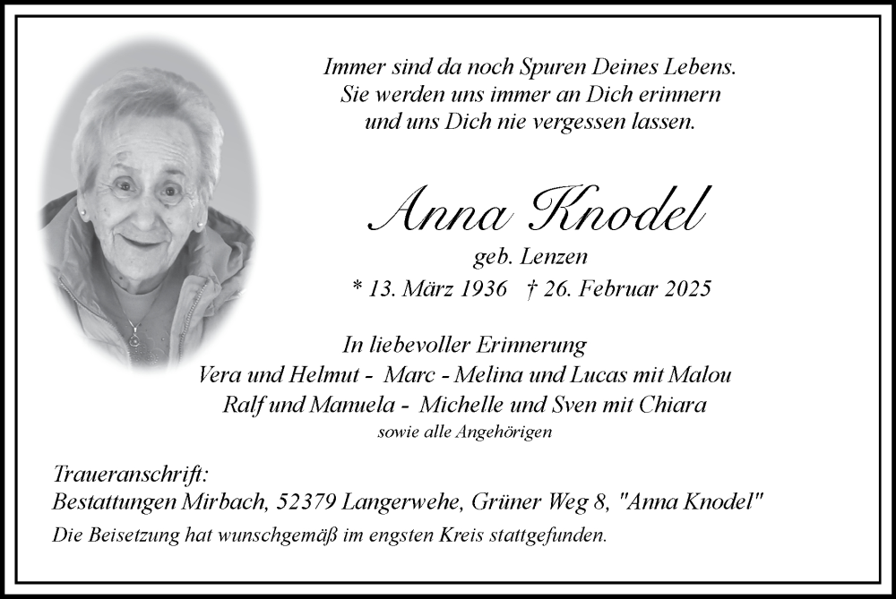 Traueranzeige für Anna Knodel vom 23.03.2025 aus Zeitung am Sonntag