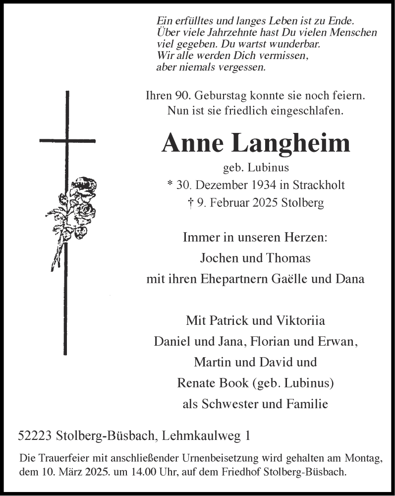  Traueranzeige für Anne Langheim vom 09.03.2025 aus Zeitung am Sonntag