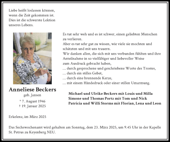 Traueranzeige von Anneliese Beckers von Zeitung am Sonntag