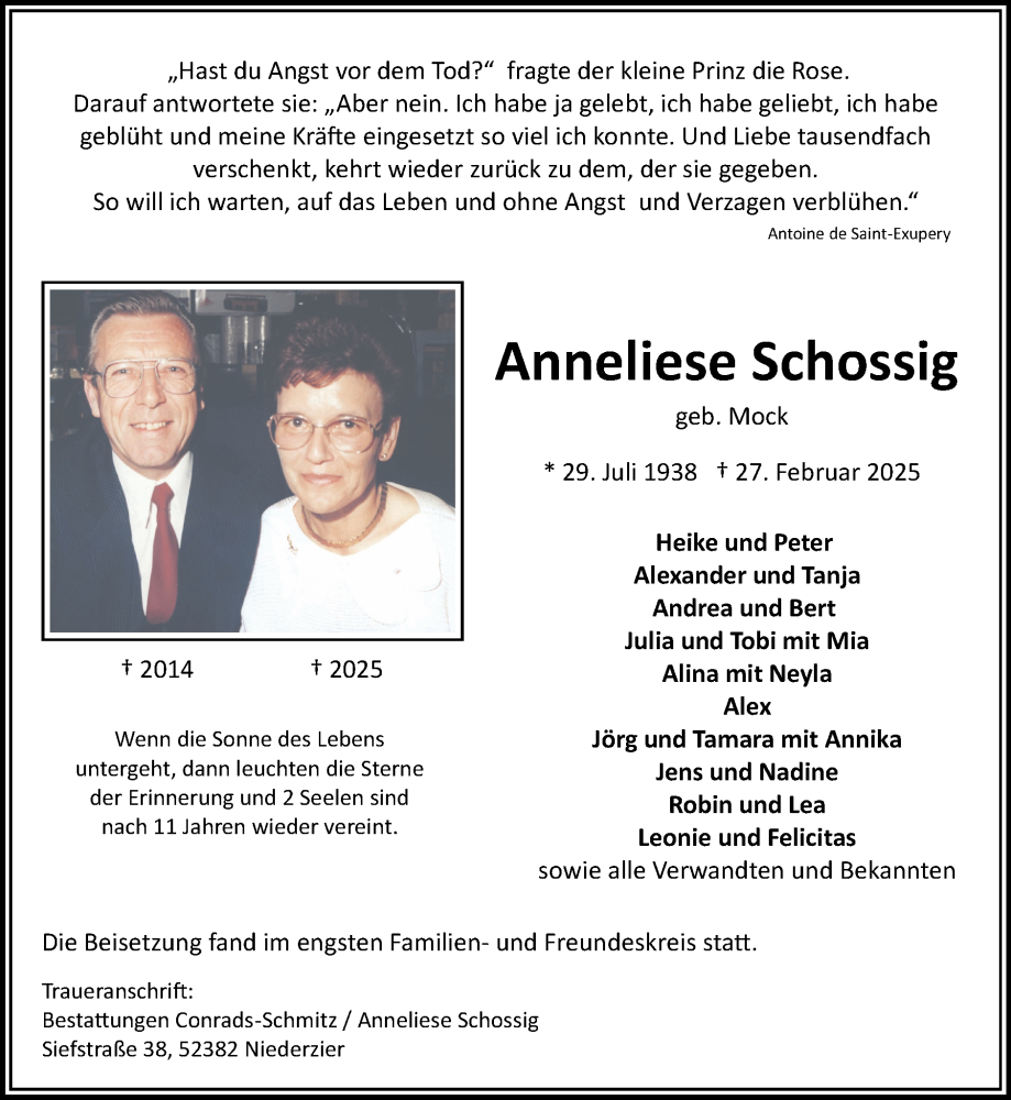  Traueranzeige für Anneliese Schossig vom 23.03.2025 aus Zeitung am Sonntag