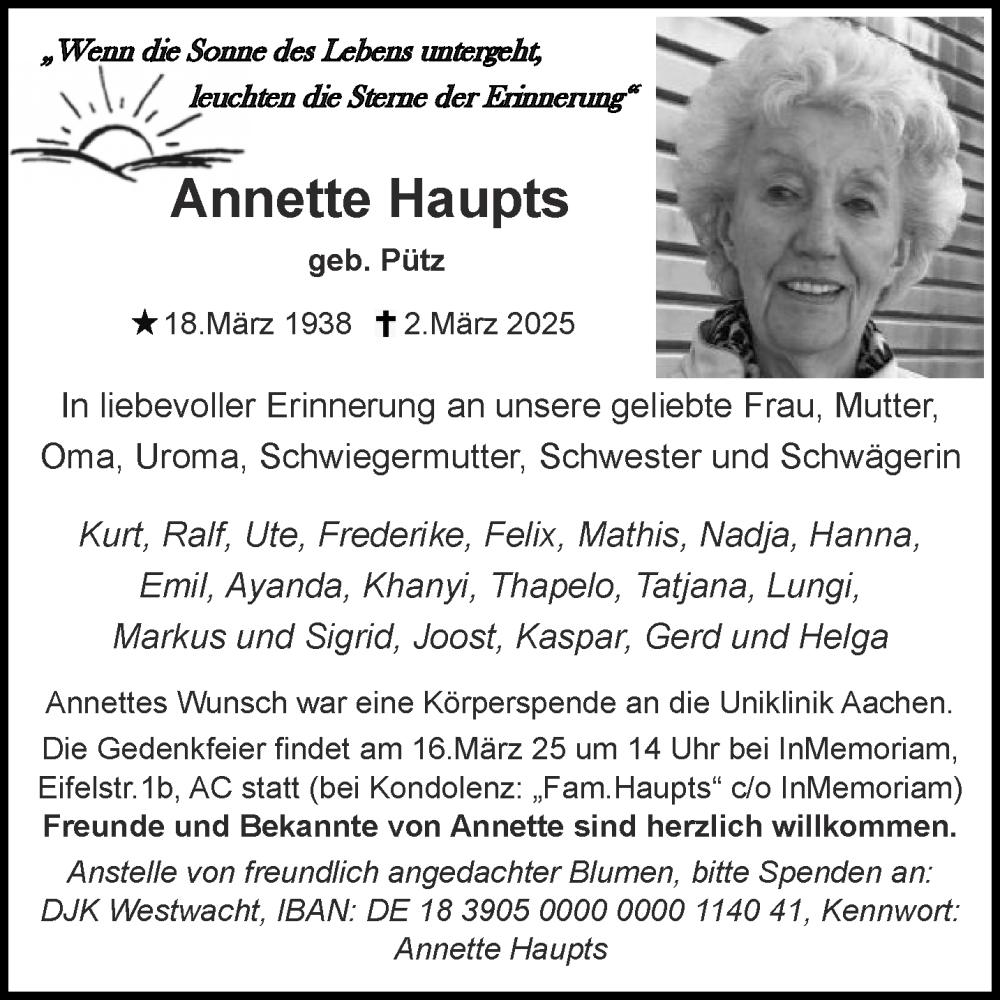  Traueranzeige für Annette Haupts vom 08.03.2025 aus Aachener Zeitung