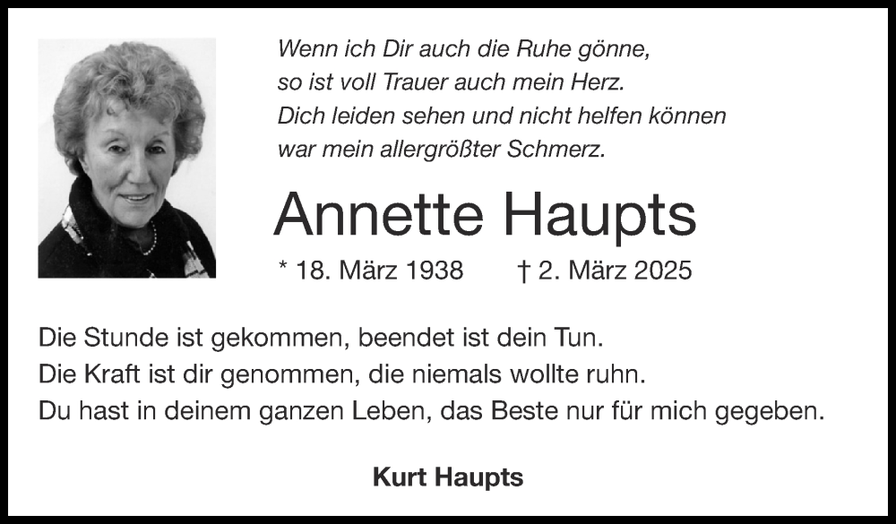  Traueranzeige für Annette Haupts vom 09.03.2025 aus Zeitung am Sonntag