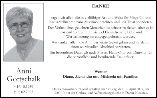 Traueranzeige von Anni Gottschalk von Zeitung am Sonntag