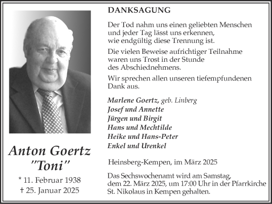 Traueranzeige von Anton Goertz von Zeitung am Sonntag