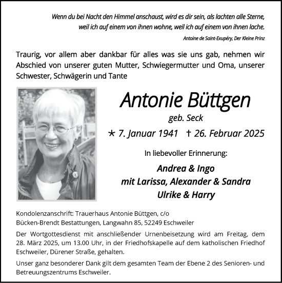 Traueranzeige von Antonie Büttgen von Zeitung am Sonntag