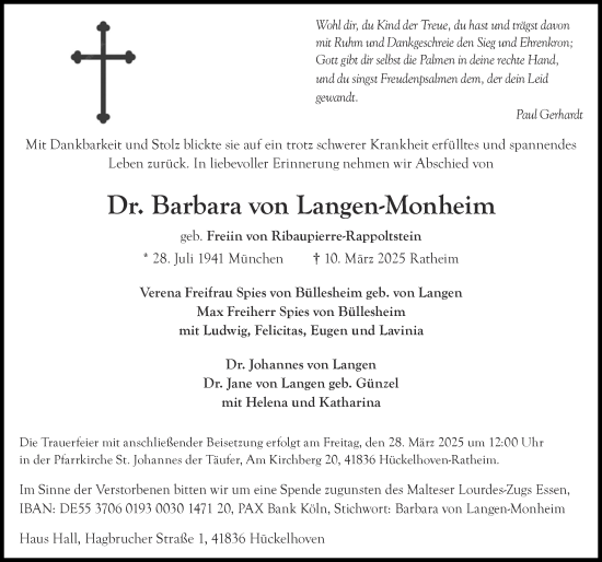 Traueranzeige von Barbara von Langen-Monheim von Zeitung am Sonntag