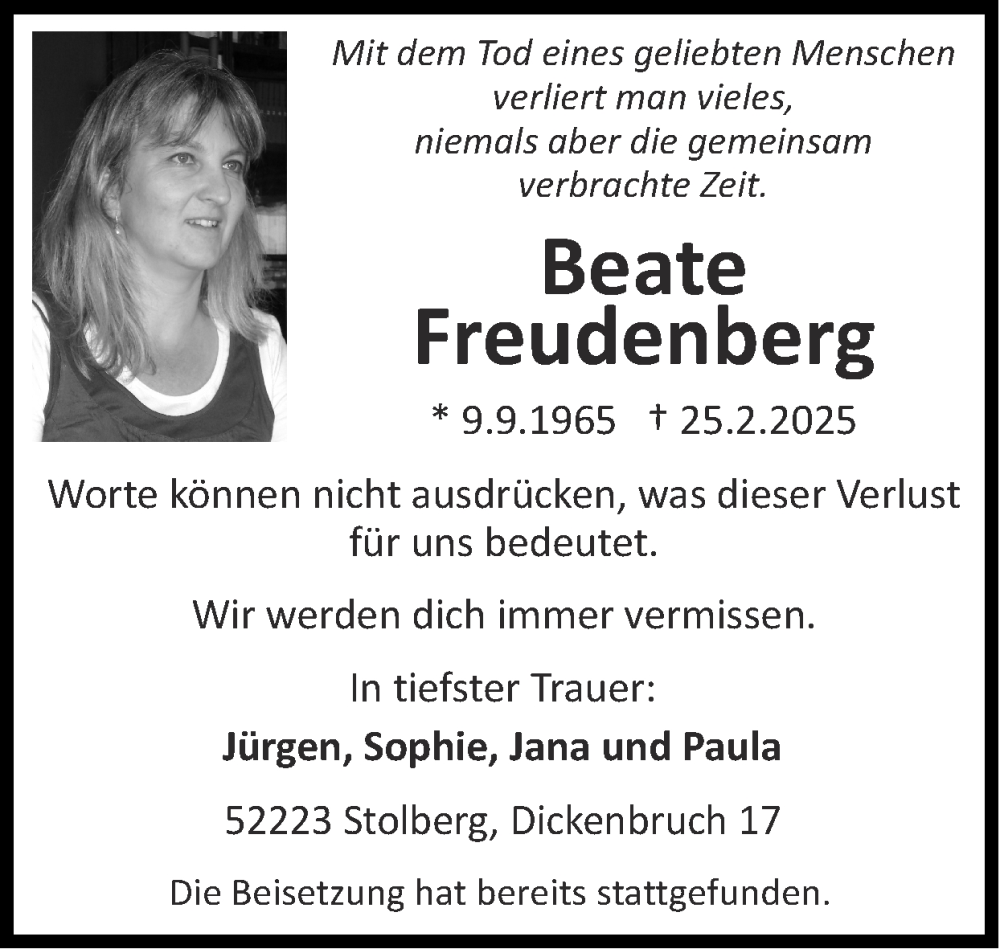  Traueranzeige für Beate Freudenberg vom 09.03.2025 aus Zeitung am Sonntag