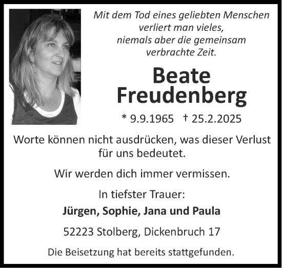 Traueranzeige von Beate Freudenberg von Zeitung am Sonntag