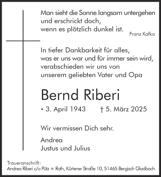 Traueranzeige von Bernd Riberi von Aachener Zeitung