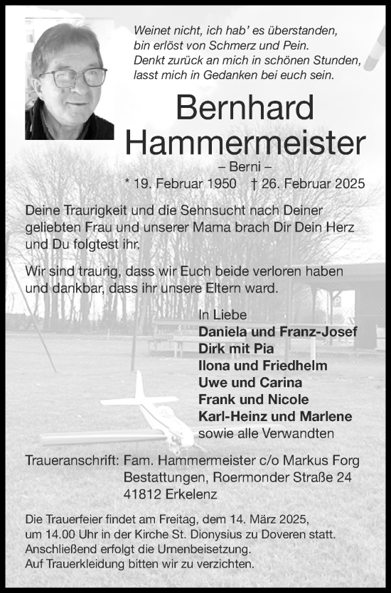 Traueranzeige von Bernhard Hammermeister von Zeitung am Sonntag