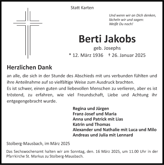 Traueranzeige von Berti Jakobs von Zeitung am Sonntag