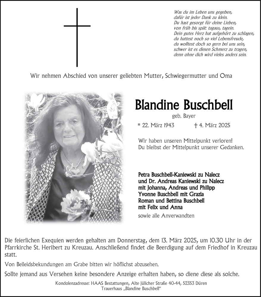  Traueranzeige für Blandine Buschbell vom 08.03.2025 aus Aachener Zeitung