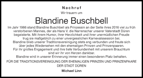 Traueranzeige von Blandine Buschbell von Zeitung am Sonntag
