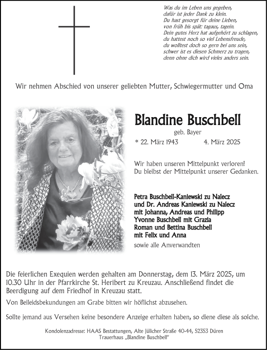 Traueranzeige von Blandine Buschbell von Zeitung am Sonntag