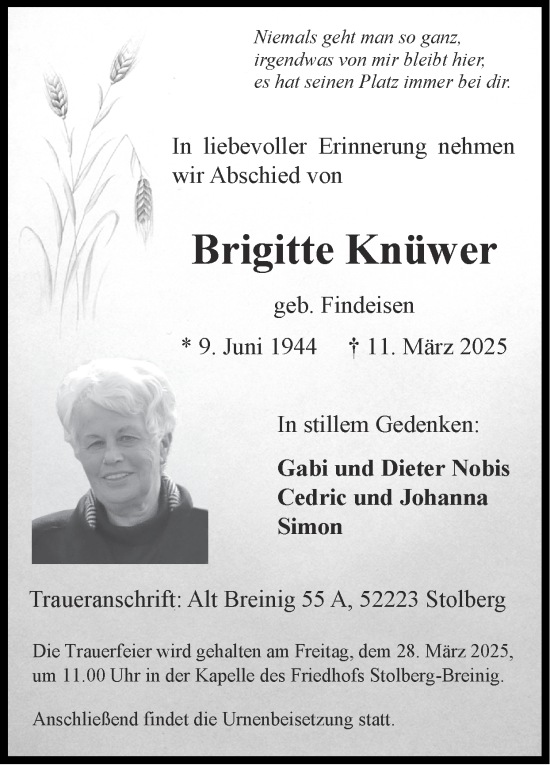Traueranzeige von Brigitte Knüwer von Zeitung am Sonntag