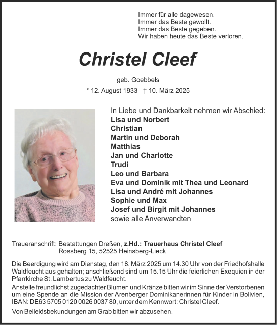 Traueranzeige von Christel Cleef von Zeitung am Sonntag