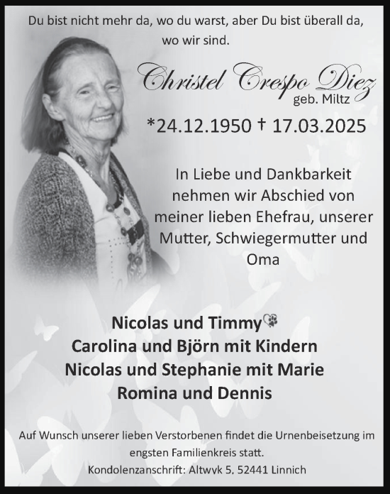 Traueranzeige von Christel Crespo Diez von Zeitung am Sonntag