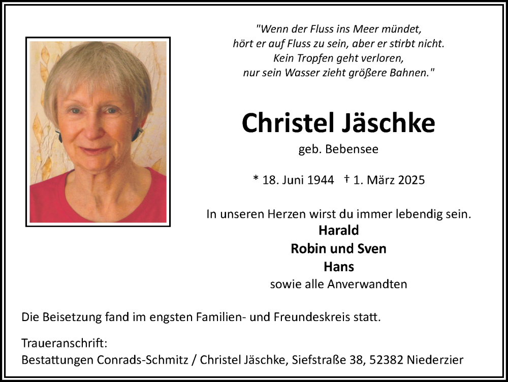  Traueranzeige für Christel Jäschke vom 23.03.2025 aus Zeitung am Sonntag