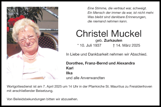 Traueranzeige von Christel Muckel von Zeitung am Sonntag