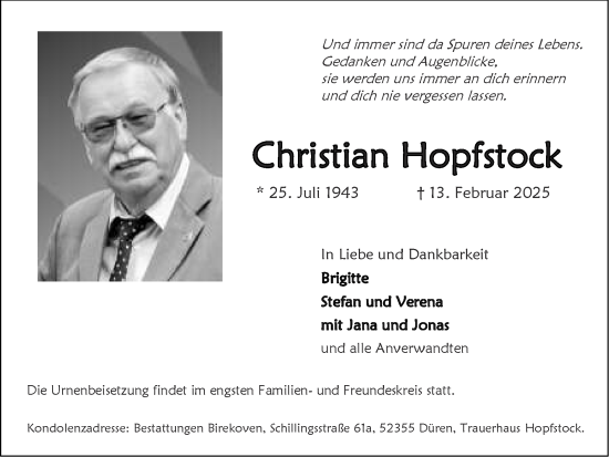 Traueranzeige von Christian Hopfstock von Zeitung am Sonntag