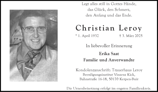 Traueranzeige von Christian Leroy von Zeitung am Sonntag