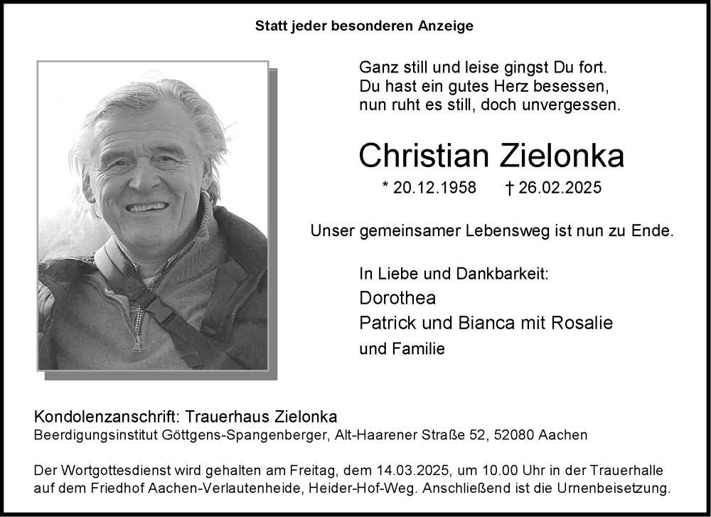  Traueranzeige für Christian Zielonka vom 09.03.2025 aus Zeitung am Sonntag