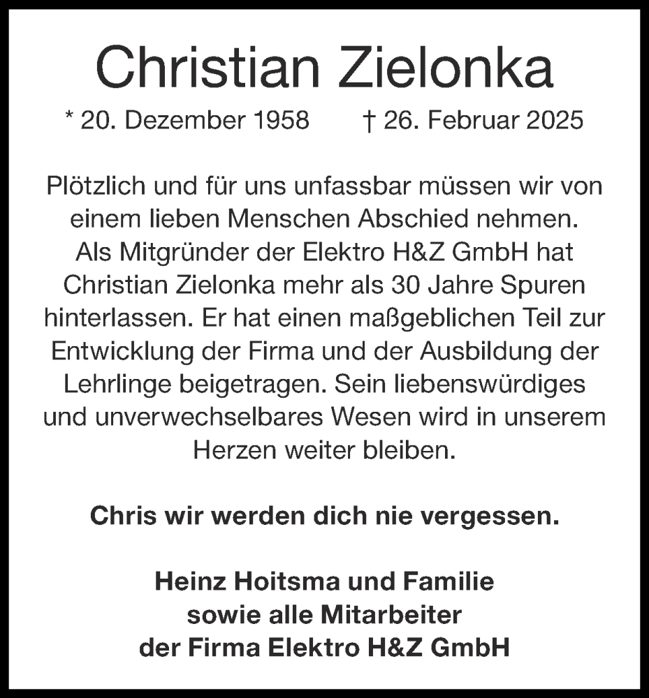  Traueranzeige für Christian Zielonka vom 09.03.2025 aus Zeitung am Sonntag