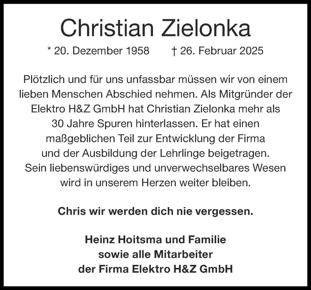  Traueranzeige für Christian Zielonka vom 08.03.2025 aus Aachener Zeitung