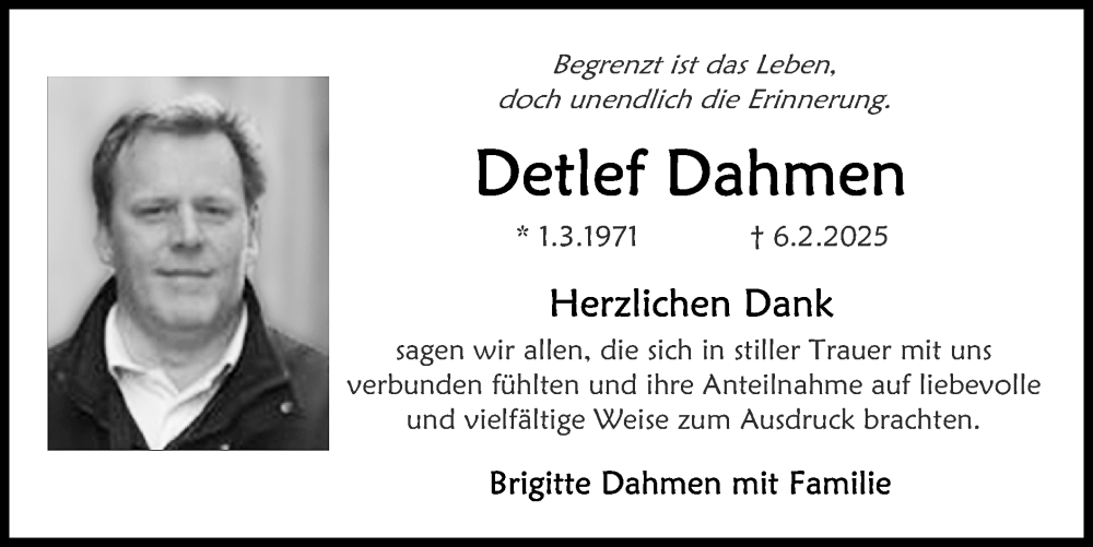  Traueranzeige für Detlef Dahmen vom 23.03.2025 aus Zeitung am Sonntag