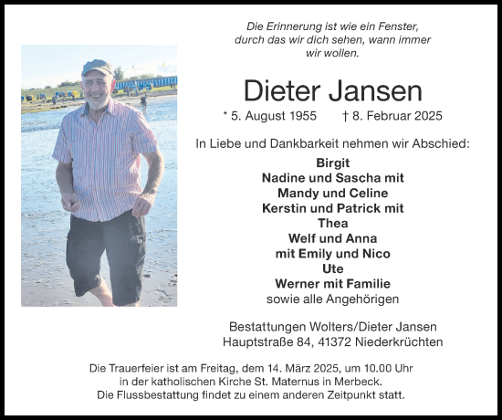 Traueranzeige von Dieter Jansen von Zeitung am Sonntag